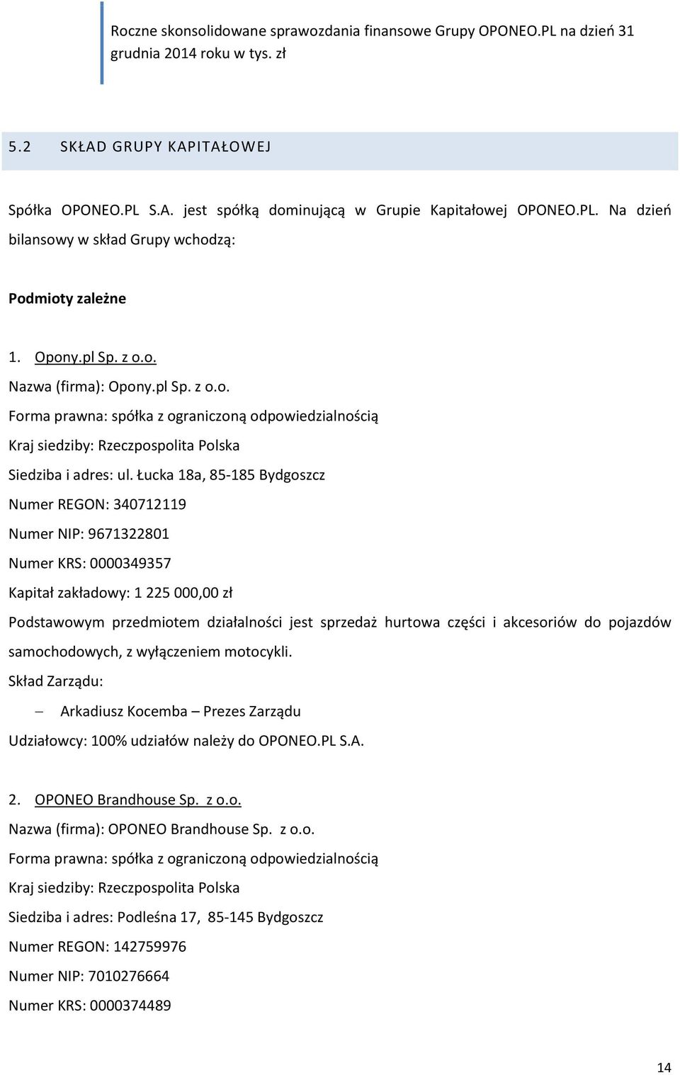 Łucka 18a, 85-185 Bydgoszcz Numer REGON: 340712119 Numer NIP: 9671322801 Numer KRS: 0000349357 Kapitał zakładowy: 1 225 000,00 zł Podstawowym przedmiotem działalności jest sprzedaż hurtowa części i