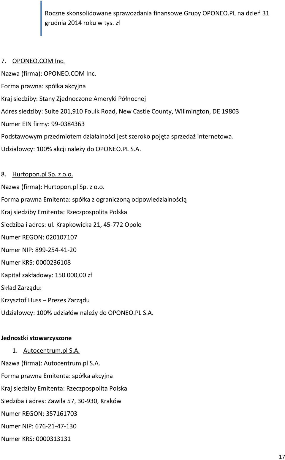 Forma prawna: spółka akcyjna Kraj siedziby: Stany Zjednoczone Ameryki Północnej Adres siedziby: Suite 201,910 Foulk Road, New Castle County, Wilimington, DE 19803 Numer EIN firmy: 99-0384363