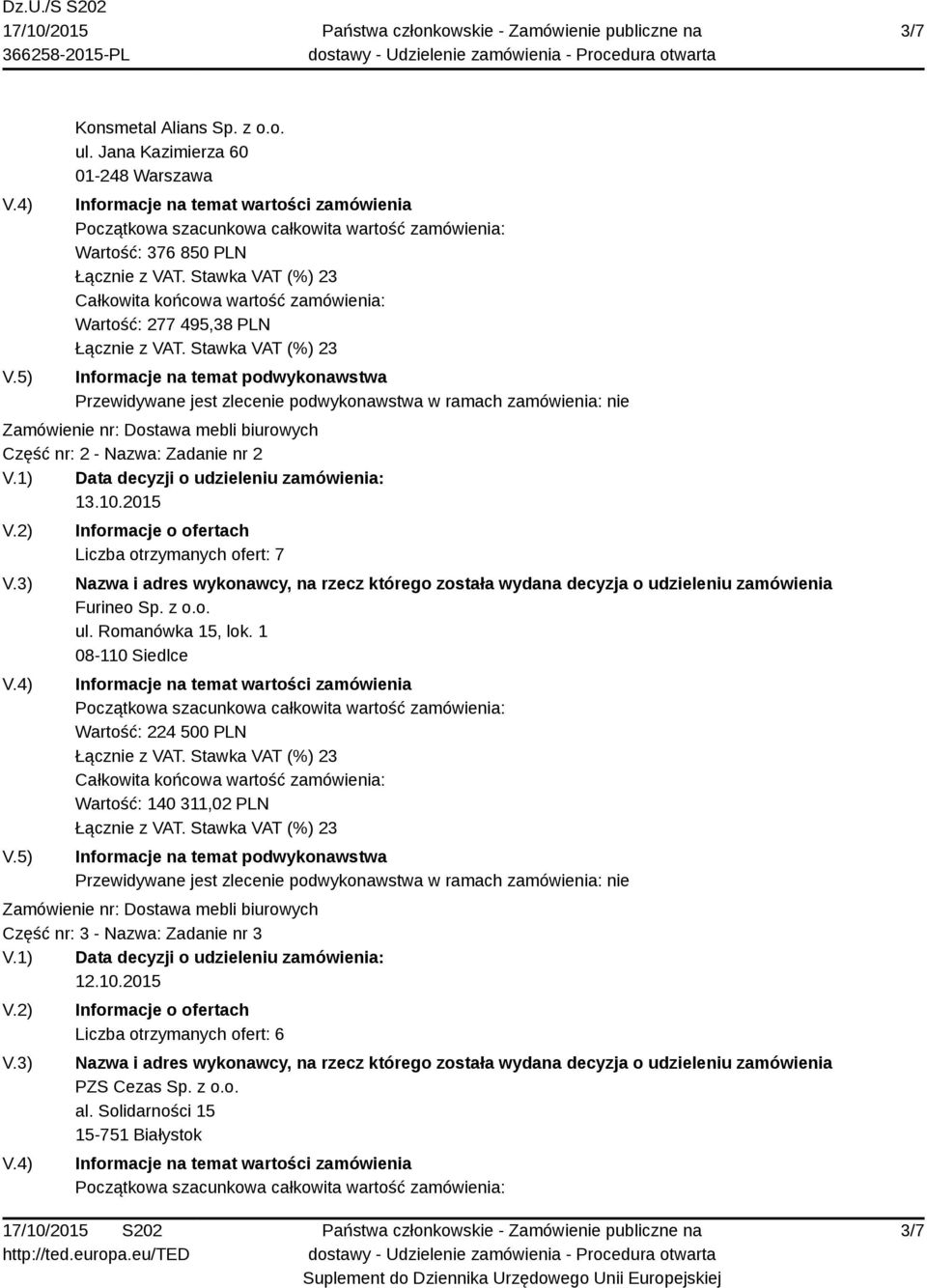 Nazwa: Zadanie nr 2 13.10.2015 Furineo Sp. z o.o. ul. Romanówka 15, lok.