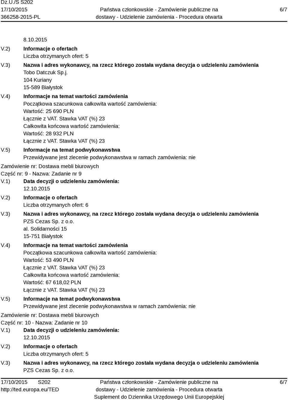 9 12.10.2015 Liczba otrzymanych ofert: 6 PZS Cezas Sp. z o.o. al.