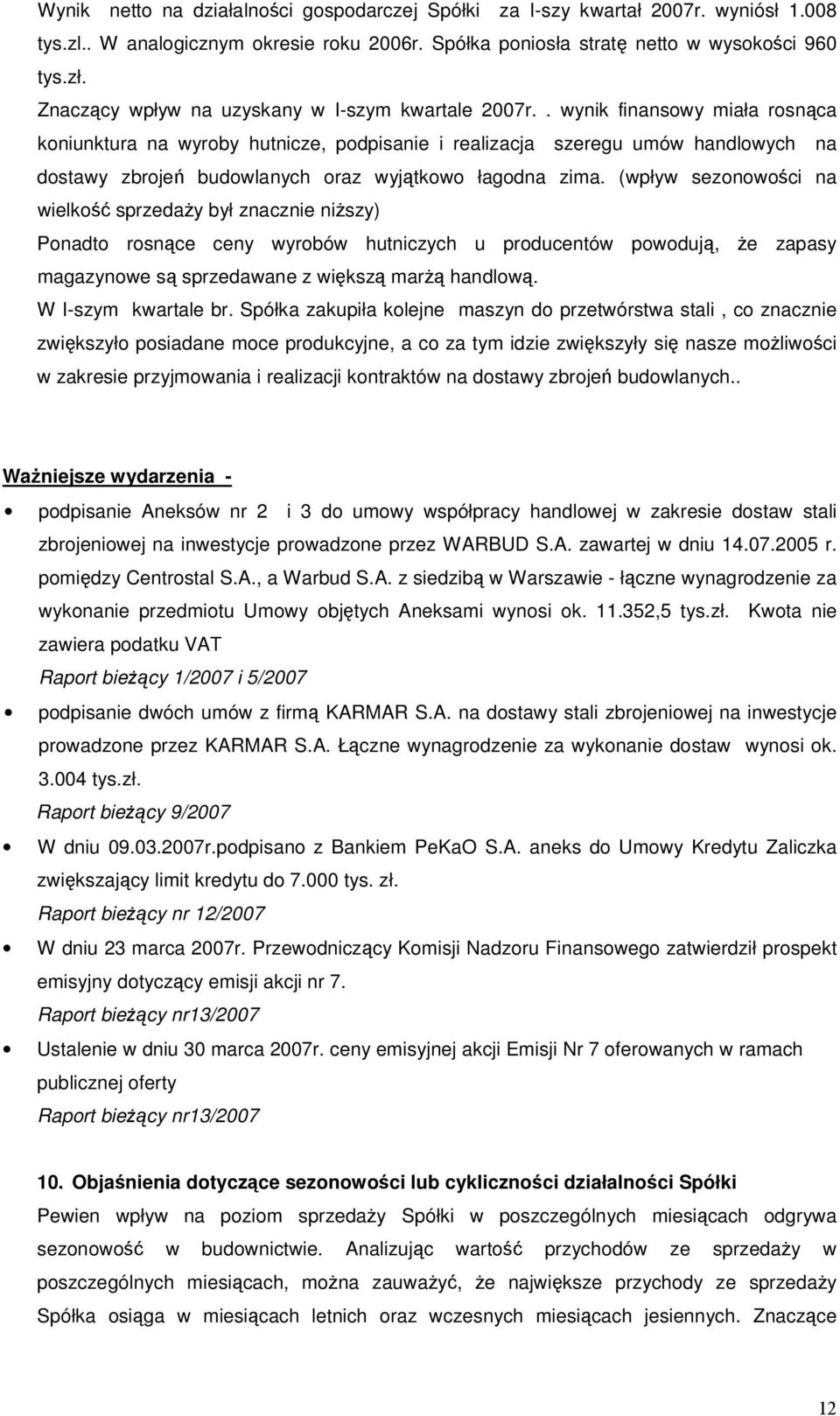 . wynik finansowy miała rosnca koniunktura na wyroby hutnicze, podpisanie i realizacja szeregu umów handlowych na dostawy zbroje budowlanych oraz wyjtkowo łagodna zima.