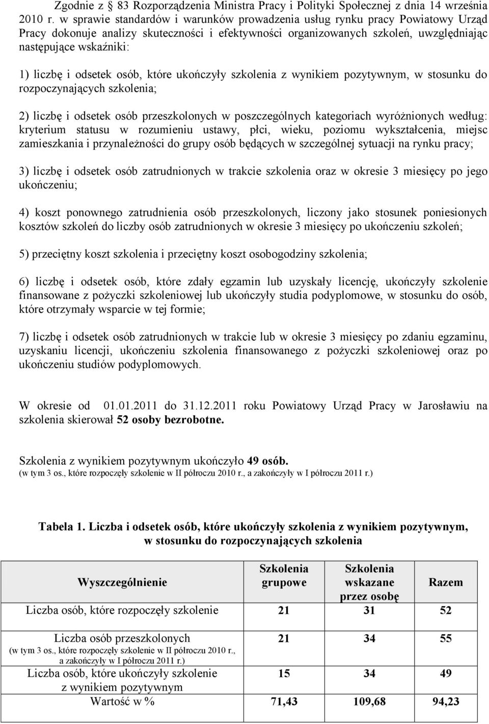 i odsetek osób, które ukończyły szkolenia z wynikiem pozytywnym, w stosunku do rozpoczynających szkolenia; 2) liczbę i odsetek osób przeszkolonych w poszczególnych kategoriach wyróżnionych według: