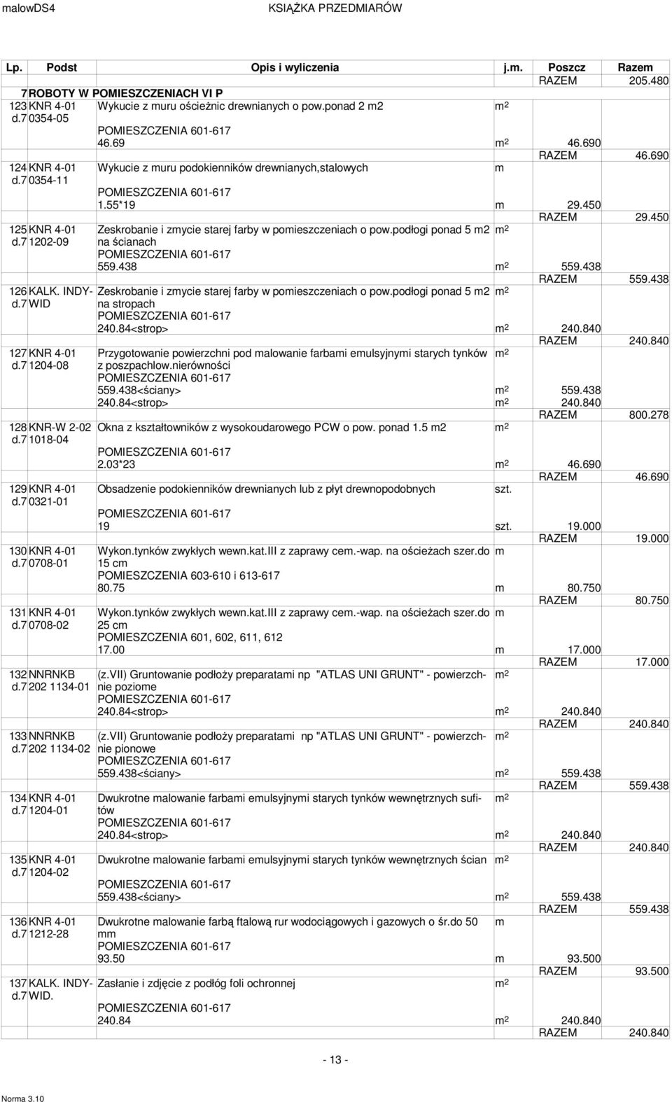 podłogi ponad 5 m2 na ścianach 559.438 559.438 Zeskrobanie i zmycie starej farby w pomieszczeniach o pow.podłogi ponad 5 m2 240.84<strop> 240.