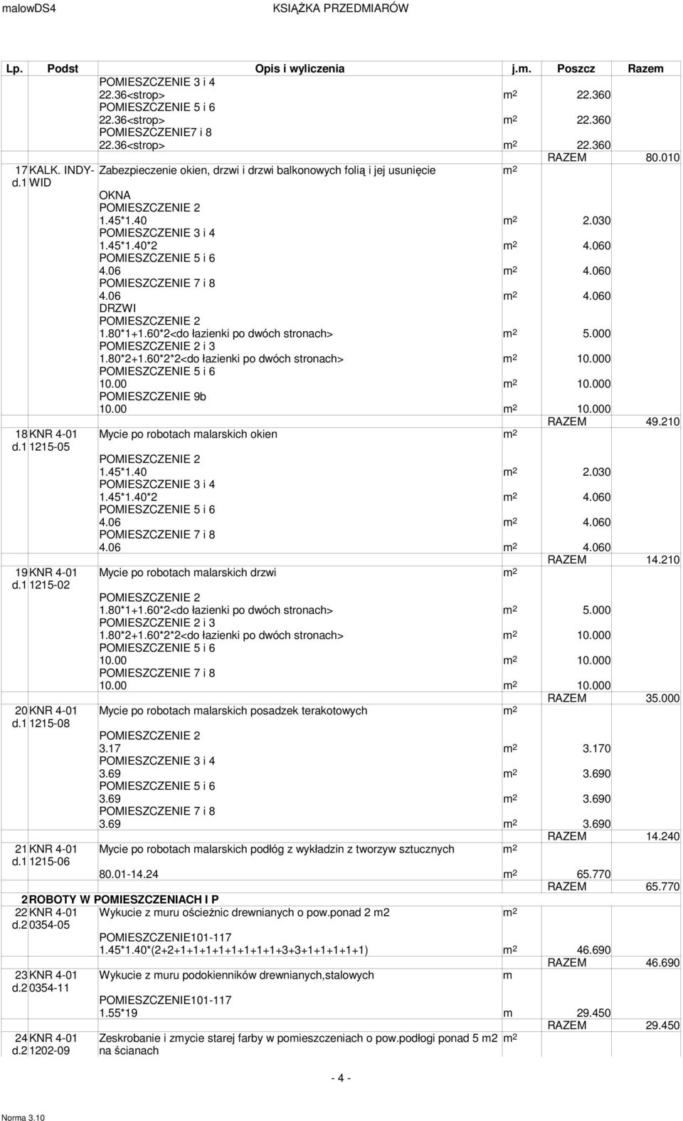 000 i 3 1.80*2+1.60*2*2<do łazienki po dwóch stronach> 10.000 10.00 10.000 POMIESZCZENIE 9b 10.00 10.000 RAZEM 49.210 Mycie po robotach malarskich okien 1.45*1.40 2.030 1.45*1.40*2 4.060 4.06 4.