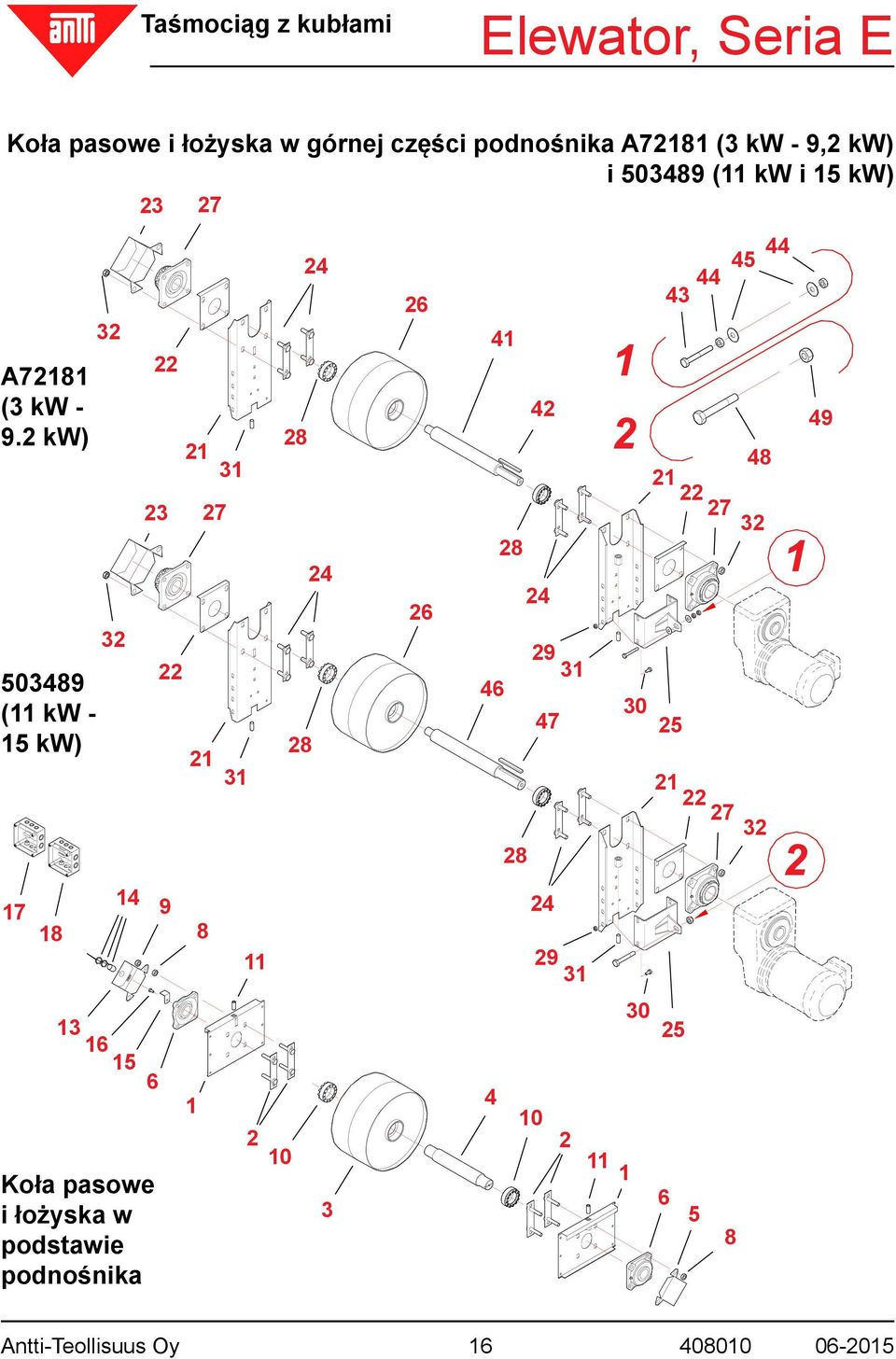 2 kw) 503489 (11 kw - 15 kw) 17 18 32 41 22 32 14 13 16 15 6 Koła pasowe i łożyska w podstawie podnośnika 23 22