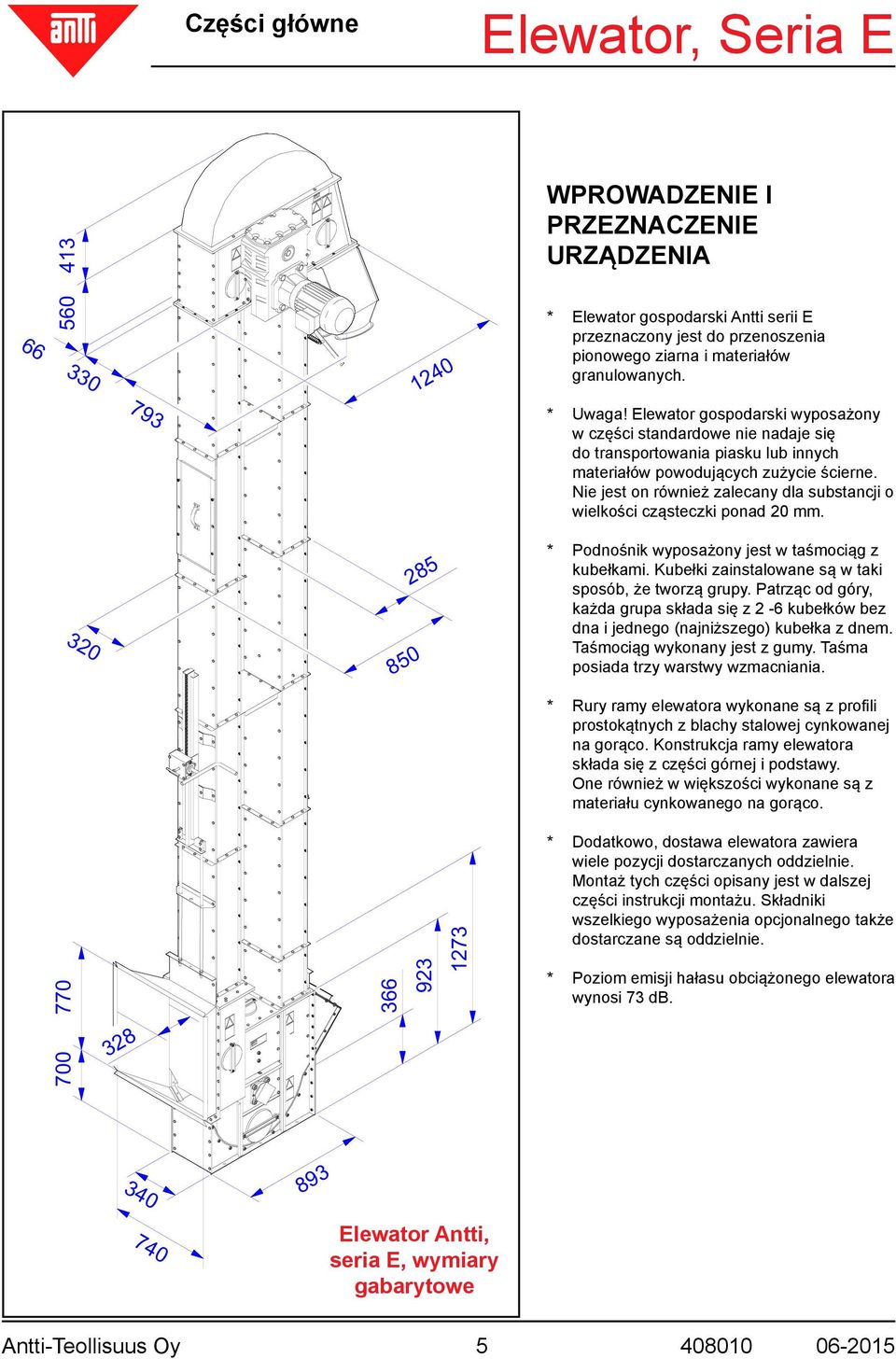 Nie jest on również zalecany dla substancji o wielkości cząsteczki ponad 20 mm. 320 850 285 * Podnośnik wyposażony jest w taśmociąg z kubełkami.