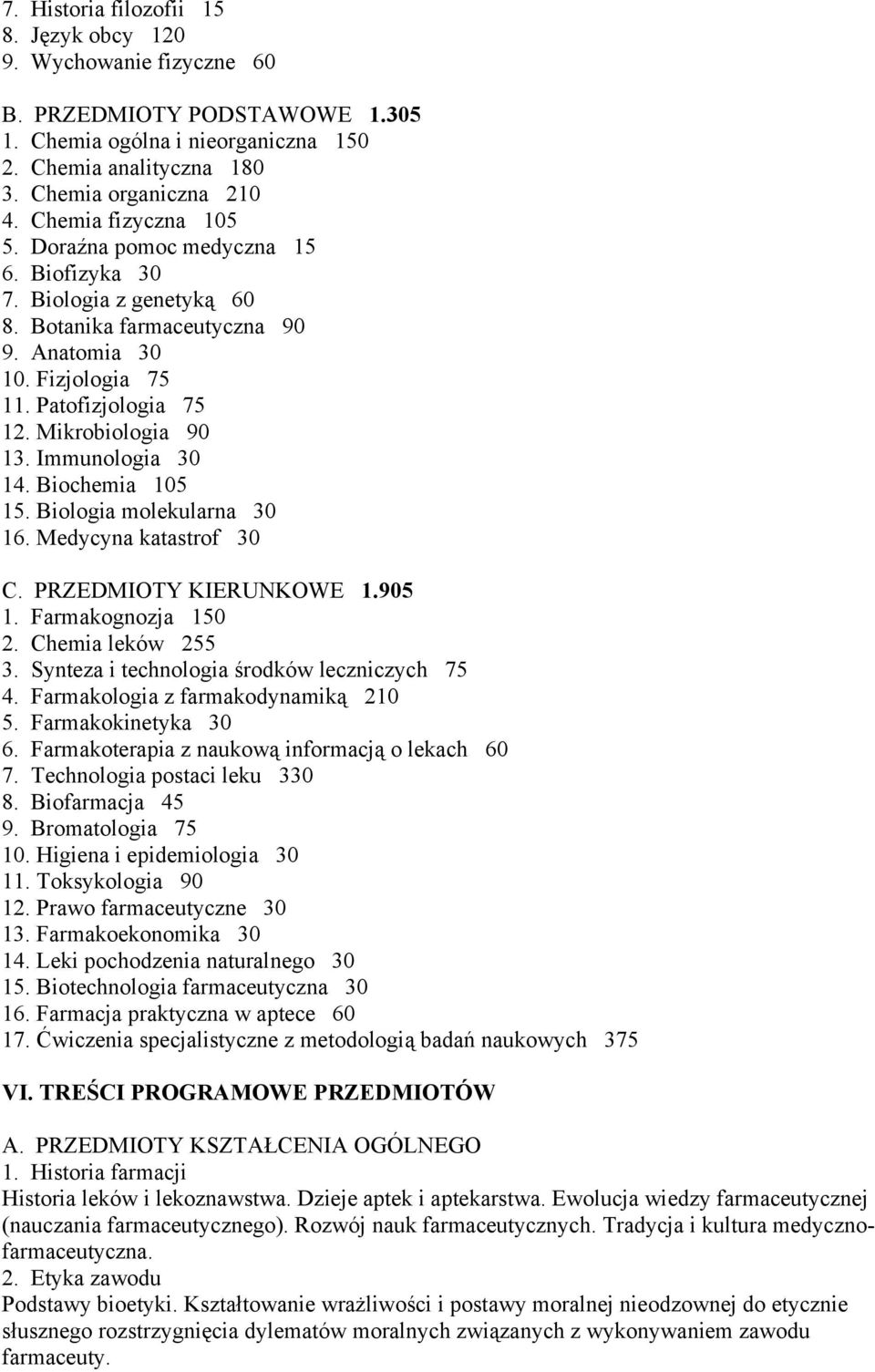 Immunologia 30 14. Biochemia 105 15. Biologia molekularna 30 16. Medycyna katastrof 30 C. PRZEDMIOTY KIERUNKOWE 1.905 1. Farmakognozja 150 2. Chemia leków 255 3.