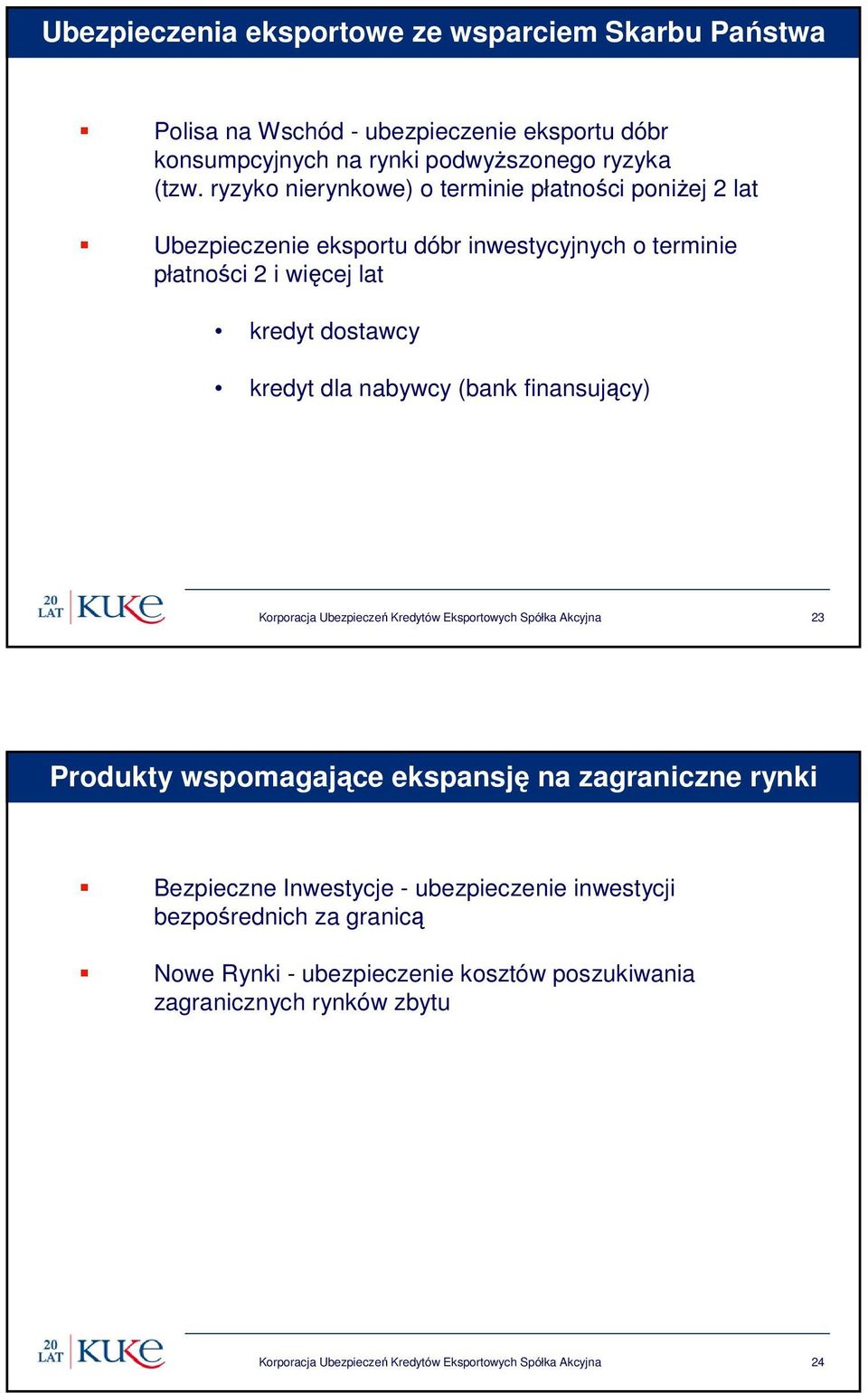 nabywcy (bank finansujący) Korporacja Ubezpieczeń Kredytów Eksportowych Spółka Akcyjna 23 Produkty wspomagające ekspansję na zagraniczne rynki Bezpieczne Inwestycje -