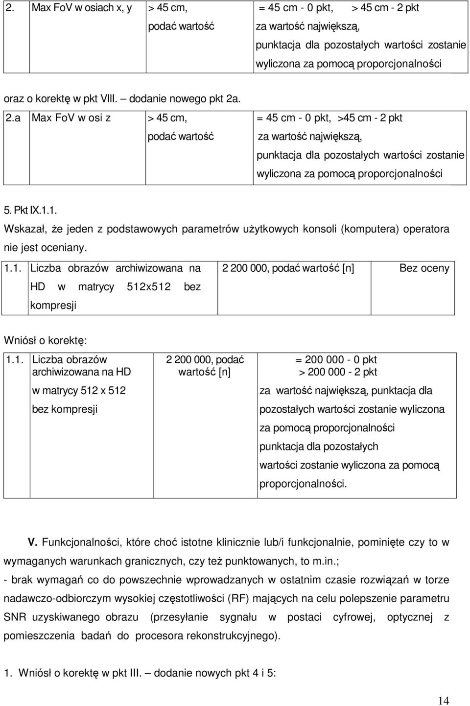 . 2.a Max FoV w osi z > 45 cm, podać wartość = 45 cm - 0 pkt, >45 cm - 2 pkt za wartość największą, punktacja dla pozostałych wartości zostanie wyliczona za pomocą proporcjonalności 5. Pkt IX.1.