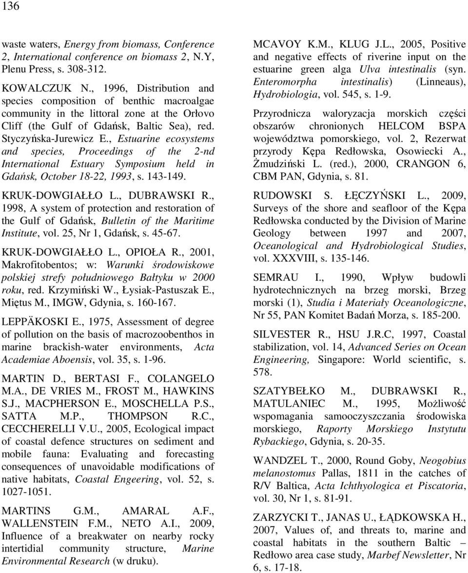 , Estuarine ecosystems and species, Proceedings of the 2-nd International Estuary Symposium held in Gdańsk, October 18-22, 1993, s. 143-149. KRUK-DOWGIAŁŁO L., DUBRAWSKI R.