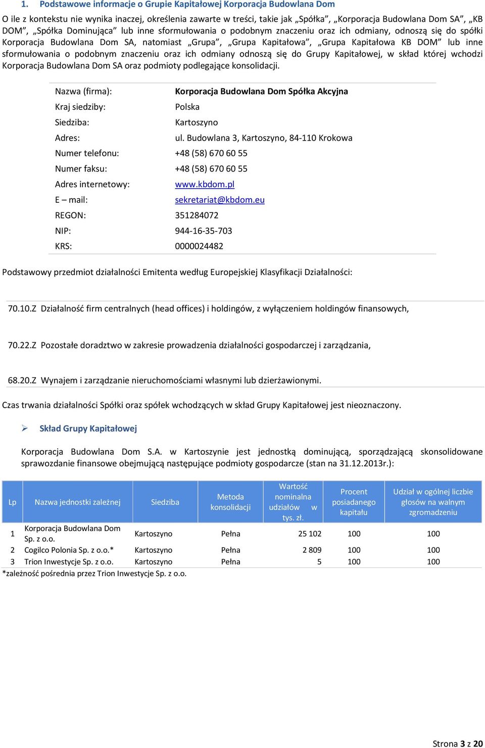 sformułowania o podobnym znaczeniu oraz ich odmiany odnoszą się do Grupy Kapitałowej, w skład której wchodzi Korporacja Budowlana Dom SA oraz podmioty podlegające konsolidacji.