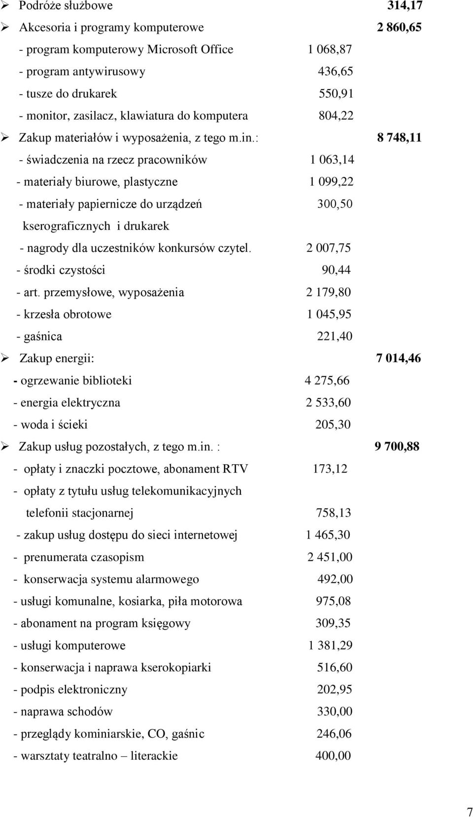 : 8 748,11 - świadczenia na rzecz pracowników 1 063,14 - materiały biurowe, plastyczne 1 099,22 - materiały papiernicze do urządzeń 300,50 kserograficznych i drukarek - nagrody dla uczestników