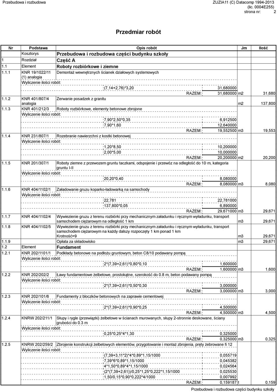 1.5 KNR 201/307/1 Roboty ziemne z przewozem gruntu taczkami, odspojenie i przewóz na odległość do 10 m, kategoria gruntu I-II 20,20*0,40 8,080000 RAZEM: 8,080000 m3 8,080 1.1.6 KNR 404/1102/1 Załadowanie gruzu koparko-ładowarką na samochody 22,781 22,781000 137,800*0,05 6,890000 RAZEM: 29,671000 m3 29,671 1.