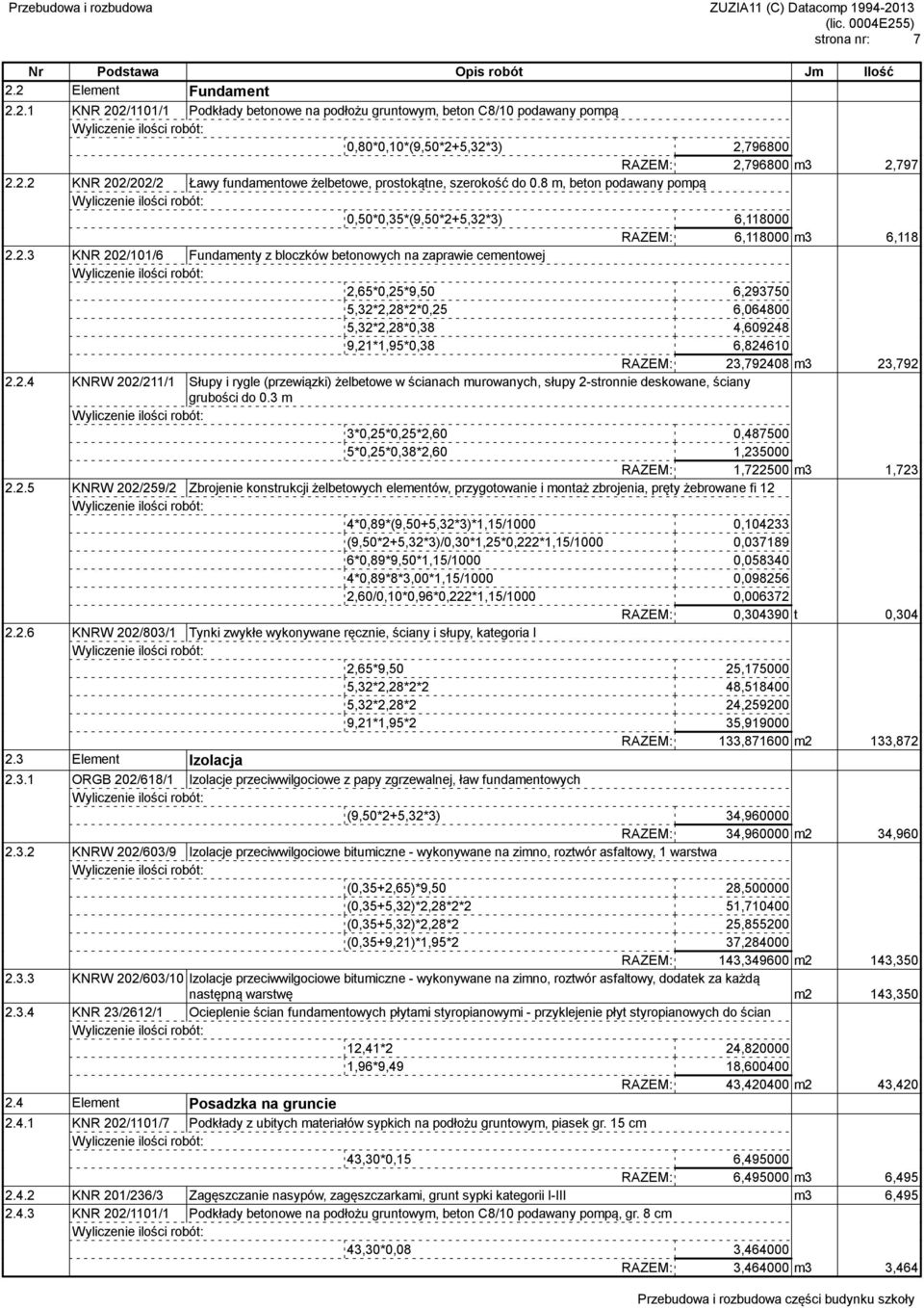 5,32*3) 6,118000 RAZEM: 6,118000 m3 6,118 2.2.3 KNR 202/101/6 Fundamenty z bloczków betonowych na zaprawie cementowej 2,65*0,25*9,50 6,293750 5,32*2,28*2*0,25 6,064800 5,32*2,28*0,38 4,609248