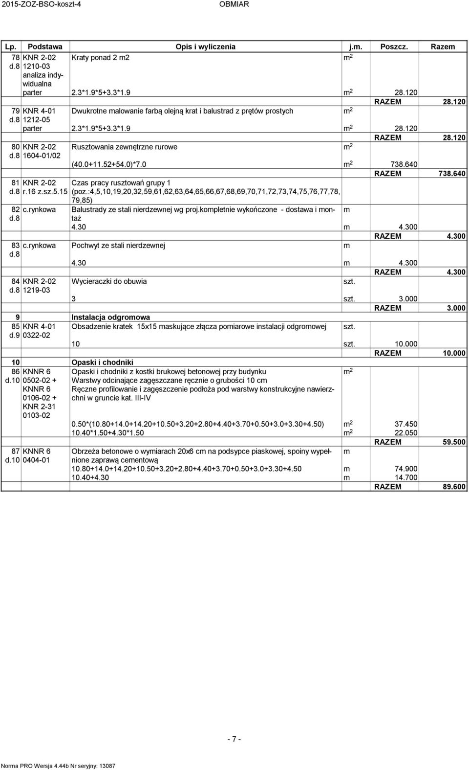8 1604-01/02 (40.0+11.52+54.0)*7.0 738.640 RAZEM 738.640 81 KNR 2-02 Czas pracy rusztowań grupy 1 d.8 r.16 z.sz.5.15 (poz.