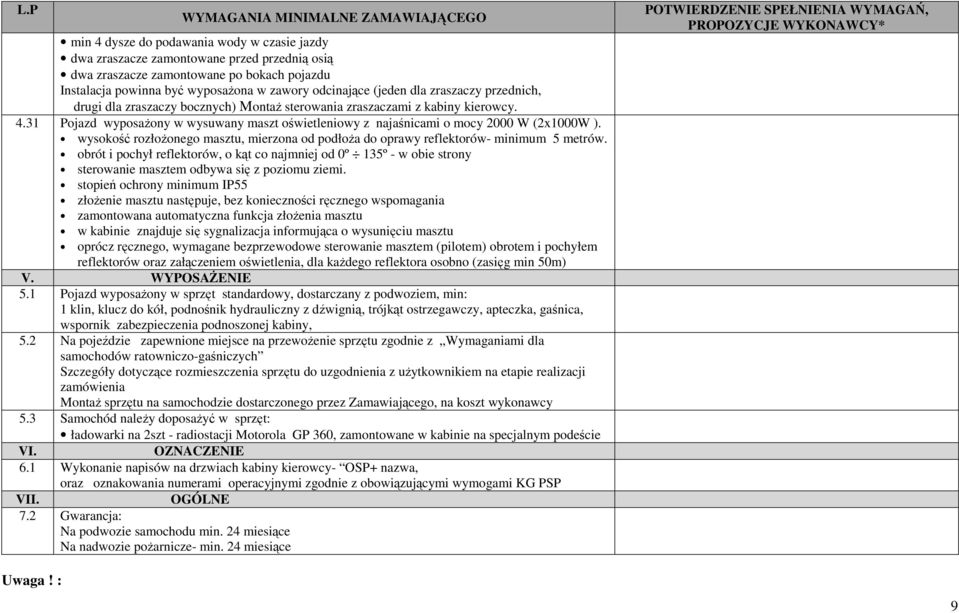 wysokość rozłożonego masztu, mierzona od podłoża do oprawy reflektorów- minimum 5 metrów.