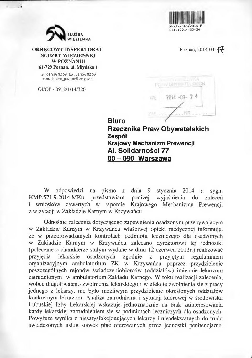 Solidarności 77 00-090 Warszawa W odpowiedzi na pismo z dnia 9 stycznia 2014 