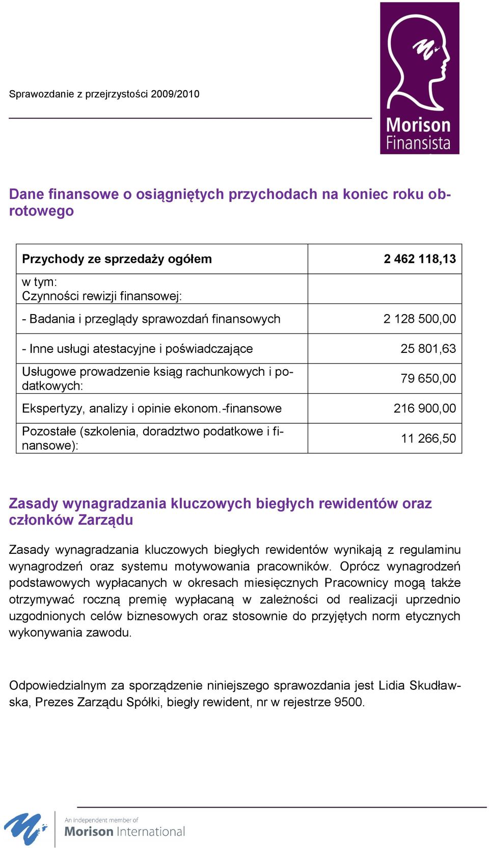 -finansowe 216 900,00 Pozostałe (szkolenia, doradztwo podatkowe i finansowe): 11 266,50 Zasady wynagradzania kluczowych biegłych rewidentów oraz członków Zarządu Zasady wynagradzania kluczowych