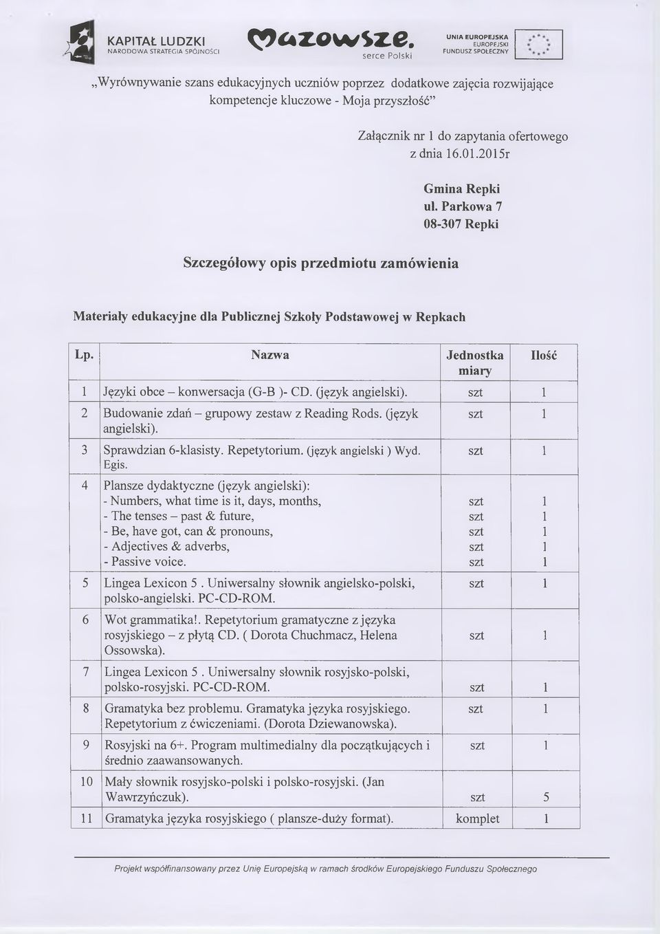 kluczowe - Moja przyszłość Załącznik nr do zapytania ofertowego z dnia 6.0.205r Gmina Repki ul.