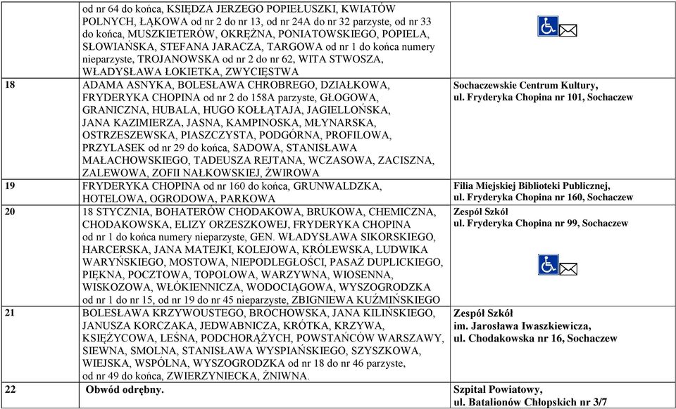 CHOPINA od nr 2 do 158A parzyste, GŁOGOWA, GRANICZNA, HUBALA, HUGO KOŁŁĄTAJA, JAGIELLOŃSKA, JANA KAZIMIERZA, JASNA, KAMPINOSKA, MŁYNARSKA, OSTRZESZEWSKA, PIASZCZYSTA, PODGÓRNA, PROFILOWA, PRZYLASEK