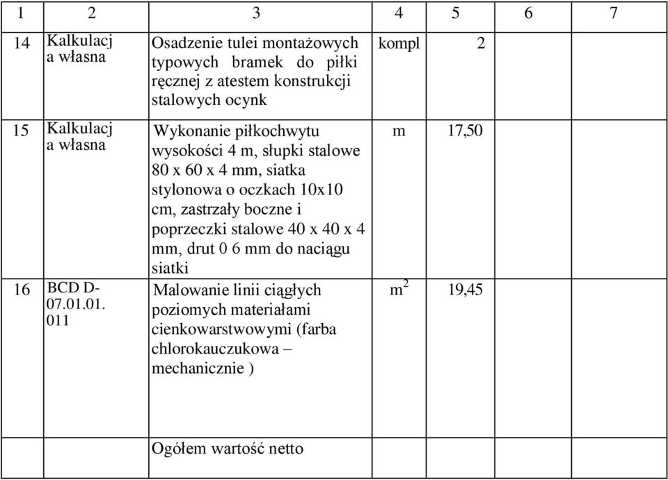 wysokości 4 m, słupki stalowe 80 x 60 x 4 mm, siatka stylonowa o oczkach 10x10 cm, zastrzały boczne i poprzeczki stalowe 40