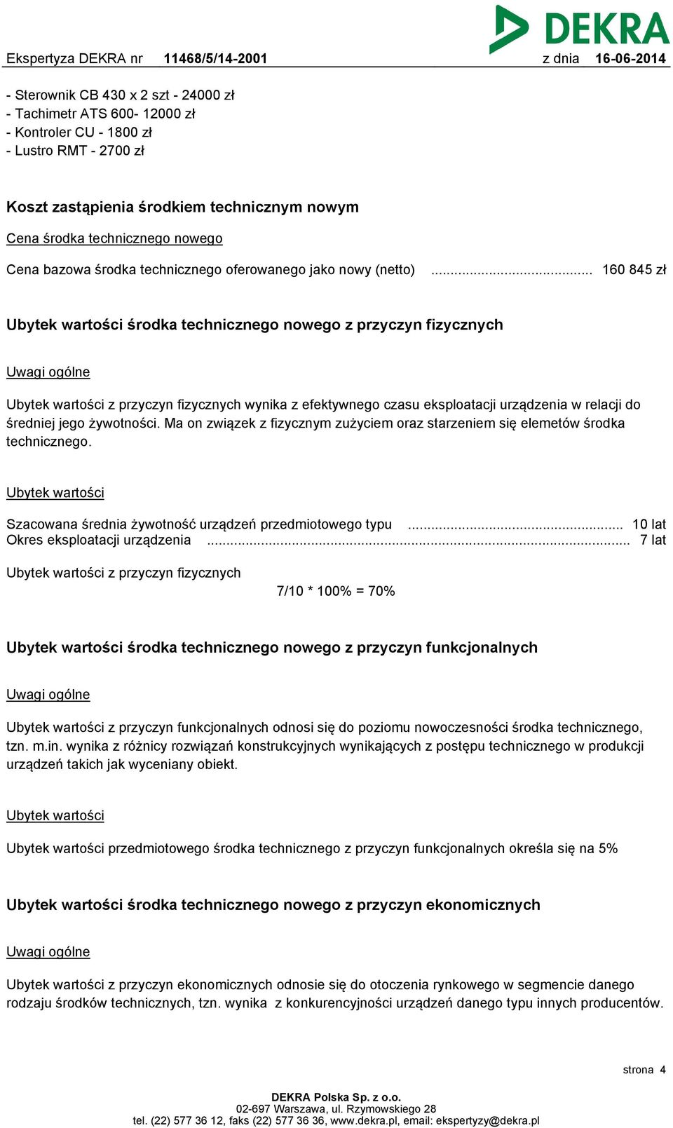 .. 160 845 zł Ubytek wartości środka technicznego nowego z przyczyn fizycznych Uwagi ogólne Ubytek wartości z przyczyn fizycznych wynika z efektywnego czasu eksploatacji urządzenia w relacji do