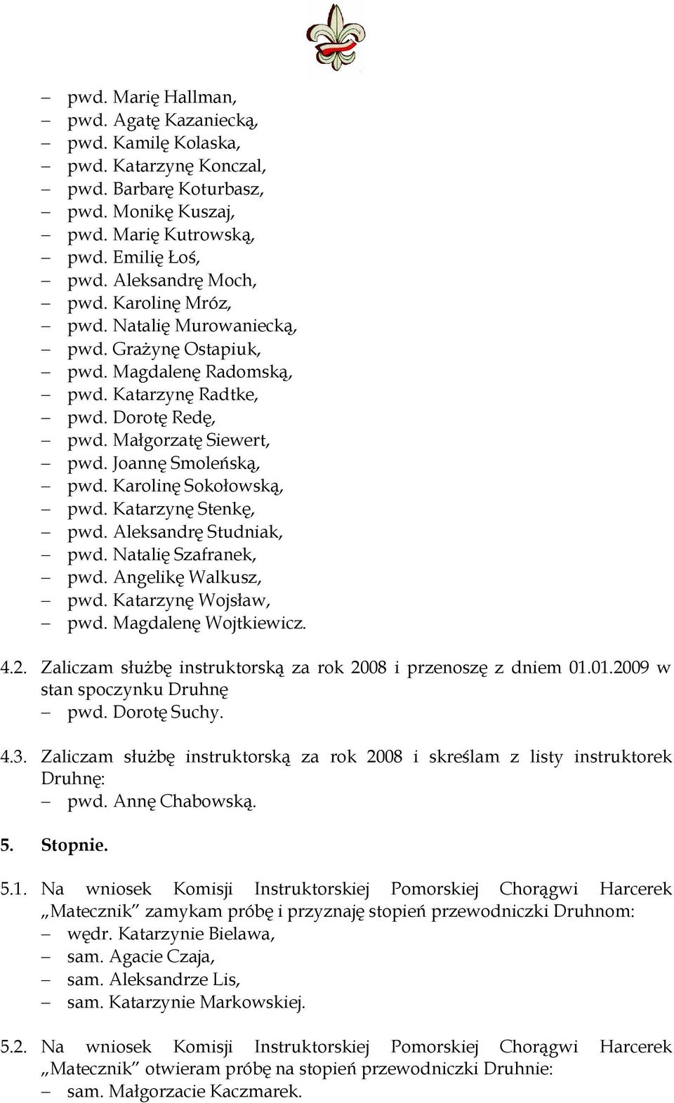 Karolinę Sokołowską, pwd. Katarzynę Stenkę, pwd. Aleksandrę Studniak, pwd. Natalię Szafranek, pwd. Angelikę Walkusz, pwd. Katarzynę Wojsław, pwd. Magdalenę Wojtkiewicz. 4.2.