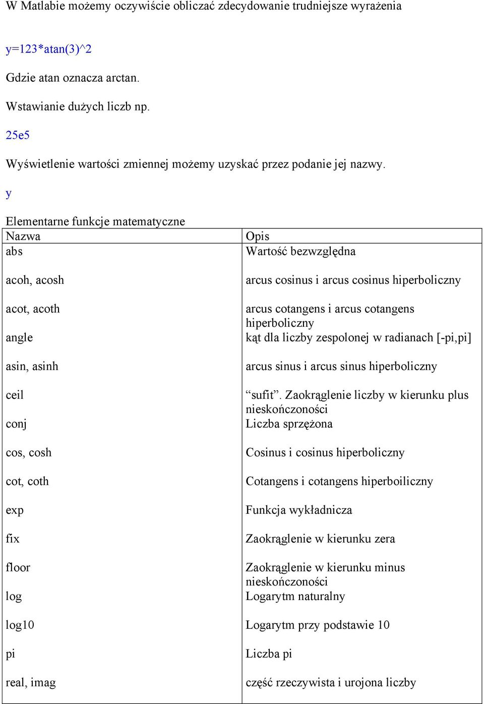 y Elementarne funkcje matematyczne Nazwa abs acoh, acosh acot, acoth angle asin, asinh ceil conj cos, cosh cot, coth exp fix floor log log10 pi real, imag Opis Wartość bezwzględna arcus cosinus i