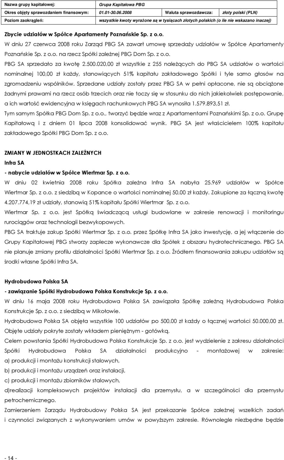 020,00 zł wszystkie z 255 naleŝących do PBG SA udziałów o wartości nominalnej 100,00 zł kaŝdy, stanowiących 51% kapitału zakładowego Spółki i tyle samo głosów na zgromadzeniu wspólników.