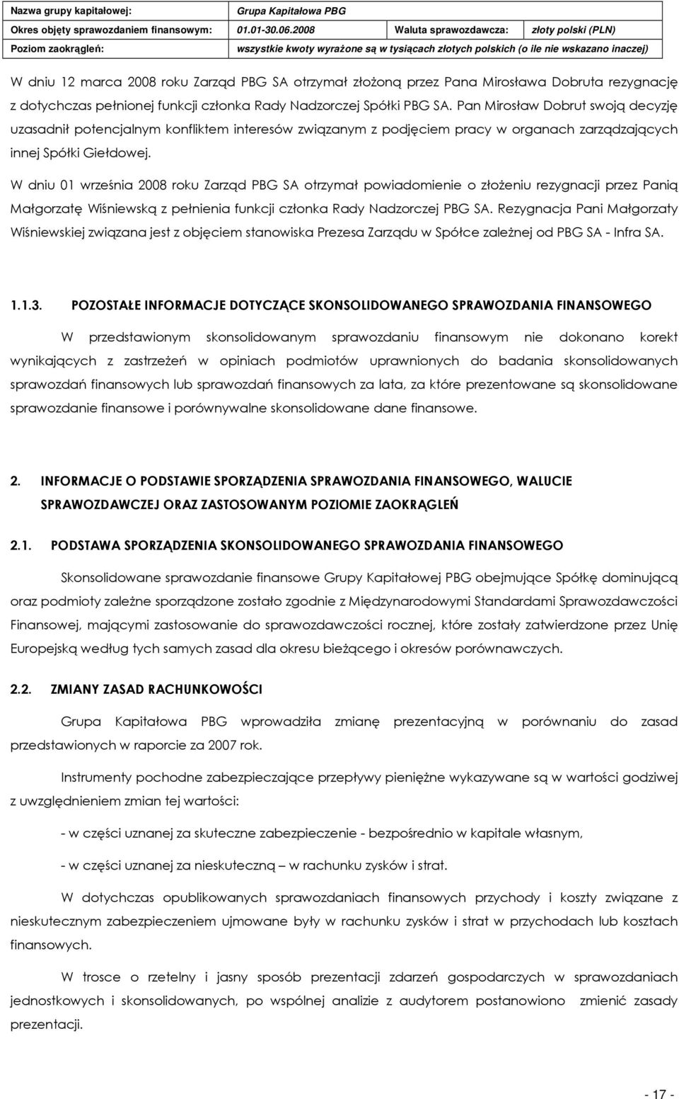 W dniu 01 września 2008 roku Zarząd PBG SA otrzymał powiadomienie o złoŝeniu rezygnacji przez Panią Małgorzatę Wiśniewską z pełnienia funkcji członka Rady Nadzorczej PBG SA.