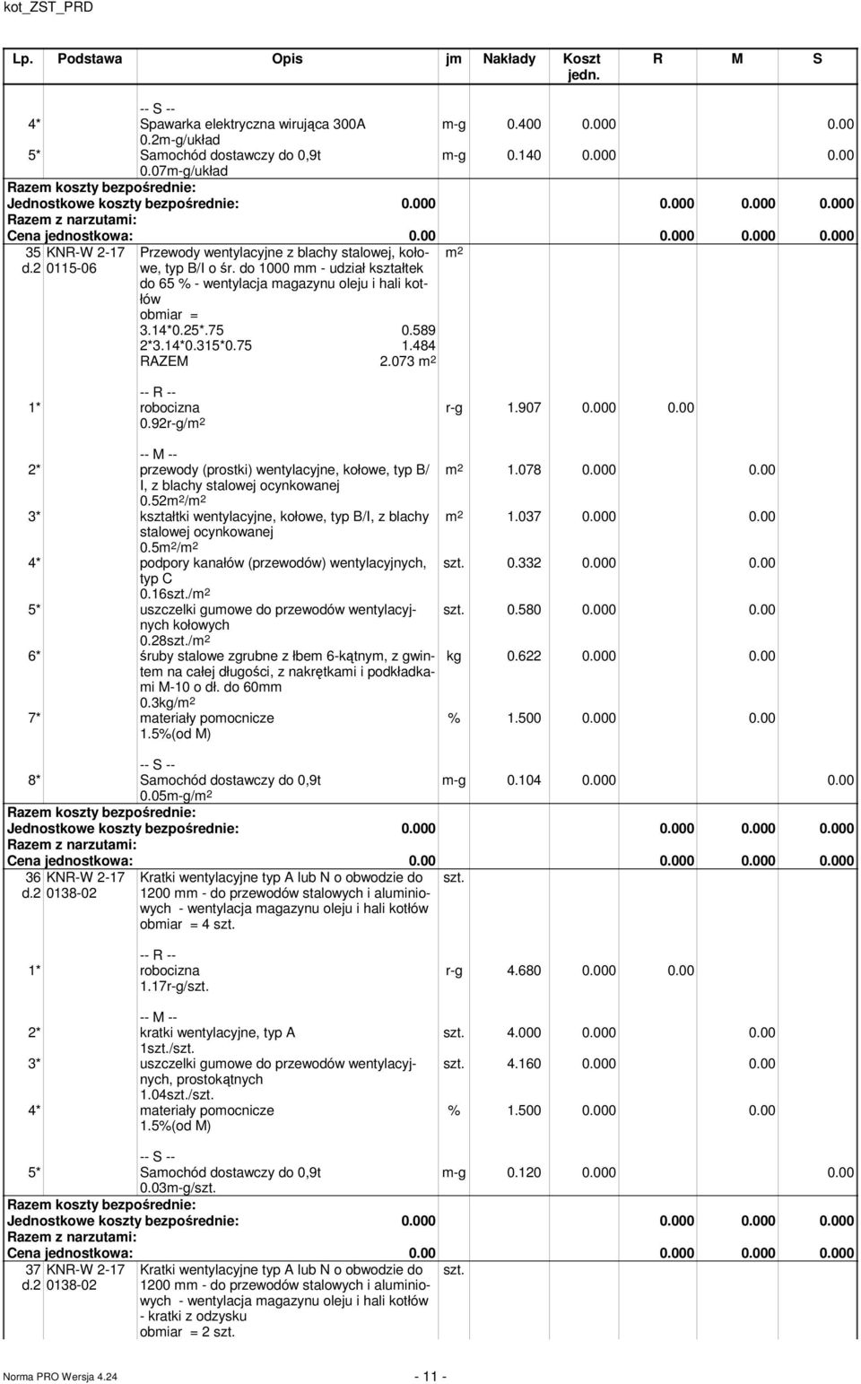 75 1.484 RAZEM 2.073 0.92r-g/ r-g 1.907 0.000 0.00 2* przewody (prostki) wentylacyjne, kołowe, typ B/ I, z blachy stalowej ocynkowanej 0.