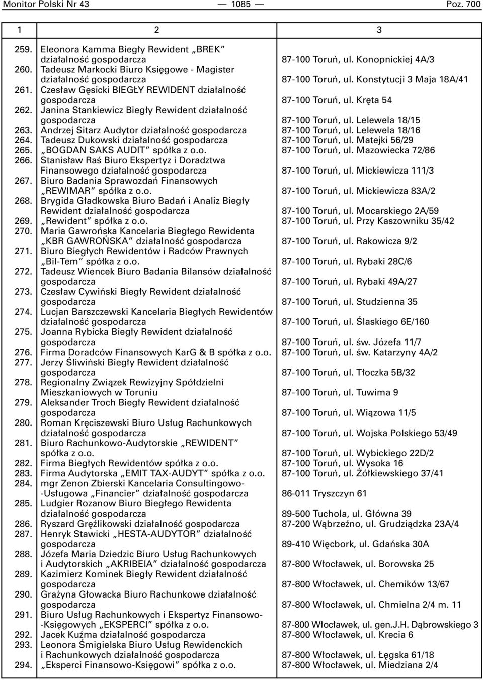 Kr ta 54 262. Janina Stankiewicz Bieg y Rewident dzia alnoêç gospodarcza 87-100 Toruƒ, ul. Lelewela 18/15 263. Andrzej Sitarz Audytor dzia alnoêç gospodarcza 87-100 Toruƒ, ul. Lelewela 18/16 264.