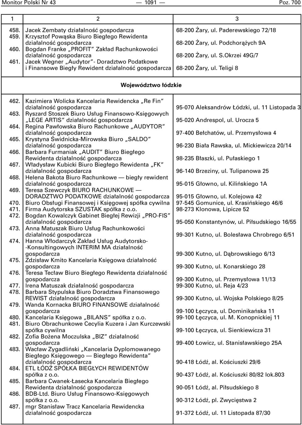 Okrzei 49G/7 461. Jacek Wegner Audytor - Doradztwo Podatkowe i Finansowe Bieg y Rewident dzia alnoêç gospodarcza 68-200 ary, ul. Teligi 8 Województwo ódzkie 462.