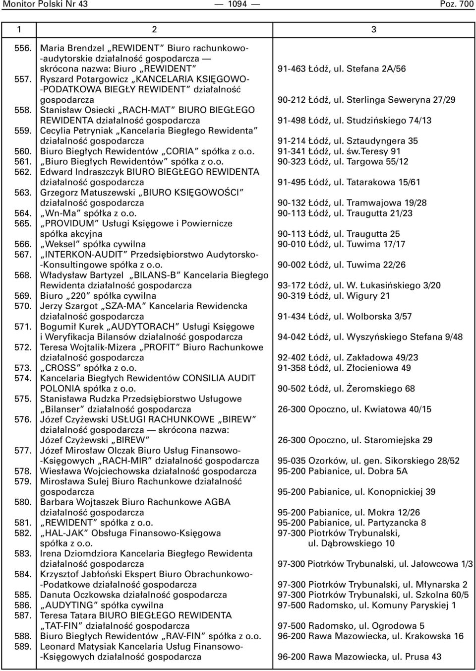 Stanis aw Osiecki RACH-MAT BIURO BIEG EGO REWIDENTA dzia alnoêç gospodarcza 91-498 ódê, ul. Studziƒskiego 74/13 559.