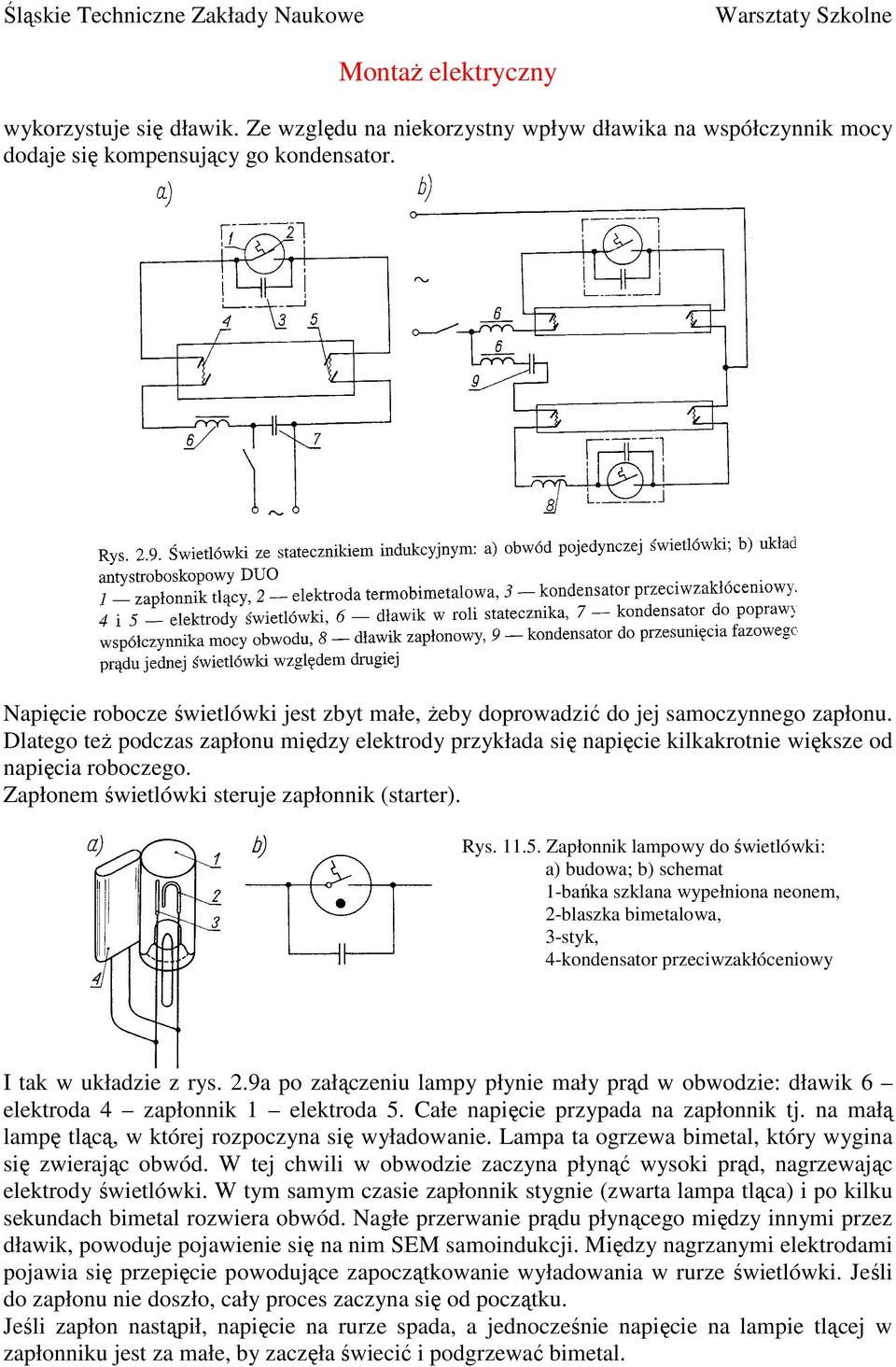 Dlatego teŝ podczas zapłonu między elektrody przykłada się napięcie kilkakrotnie większe od napięcia roboczego. Zapłonem świetlówki steruje zapłonnik (starter). Rys. 11.5.