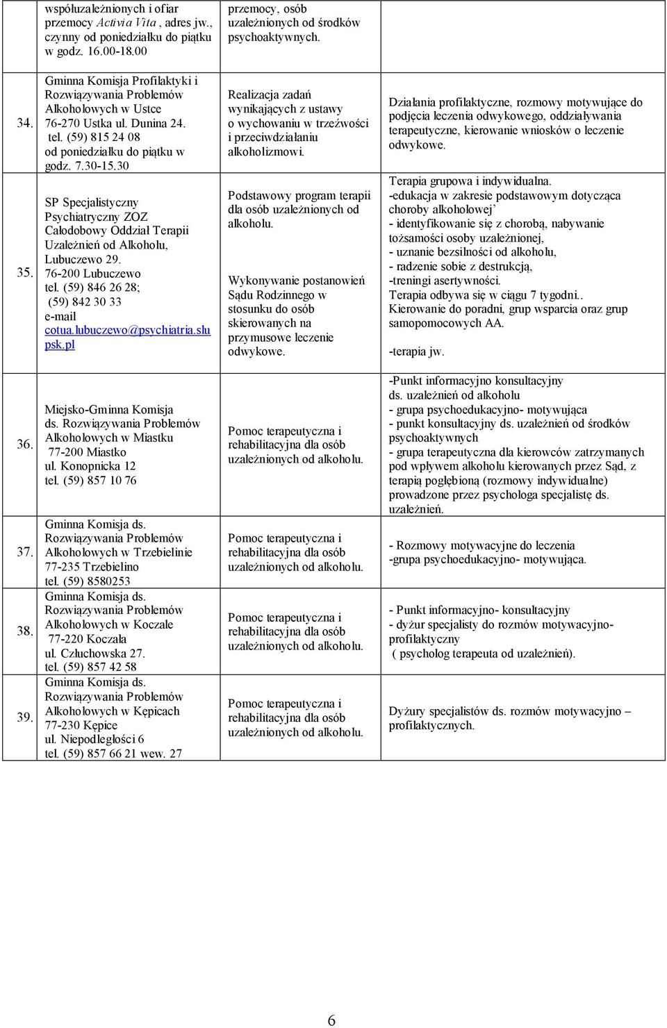 (59) 846 26 28; (59) 842 30 33 cotua.lubuczewo@psychiatria.slu psk.pl wynikających z ustawy o wychowaniu w trzeźwości i Podstawowy program terapii dla osób uzależnionych od alkoholu.