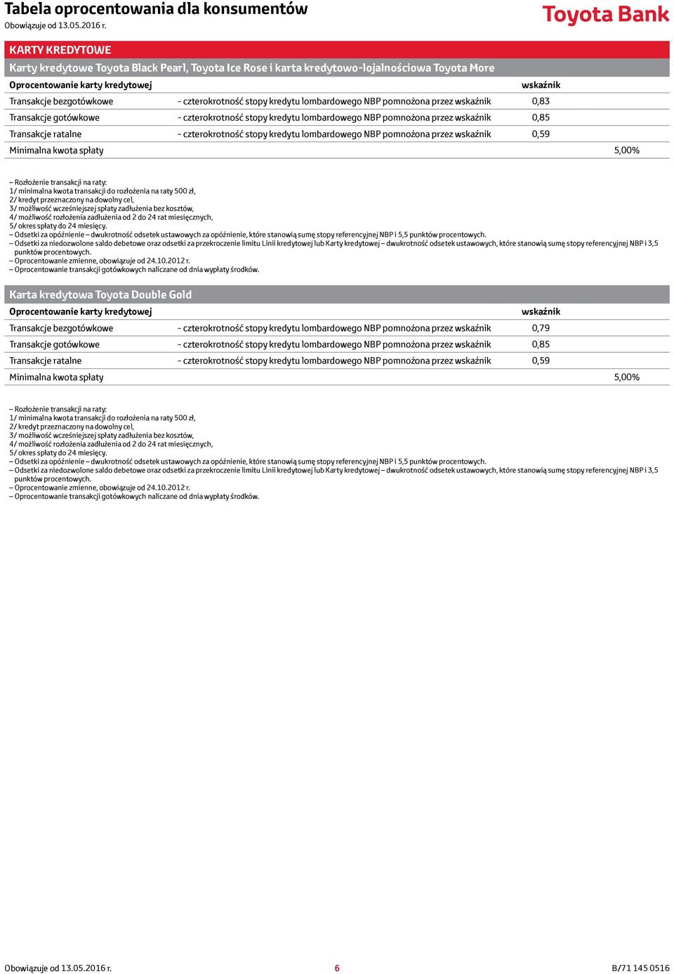 kredytu lombardowego NBP pomnożona przez wskaźnik 0,59 Minimalna kwota spłaty 5,00% Rozłożenie transakcji na raty: 1/ minimalna kwota transakcji do rozłożenia na raty 500 zł, 2/ kredyt przeznaczony