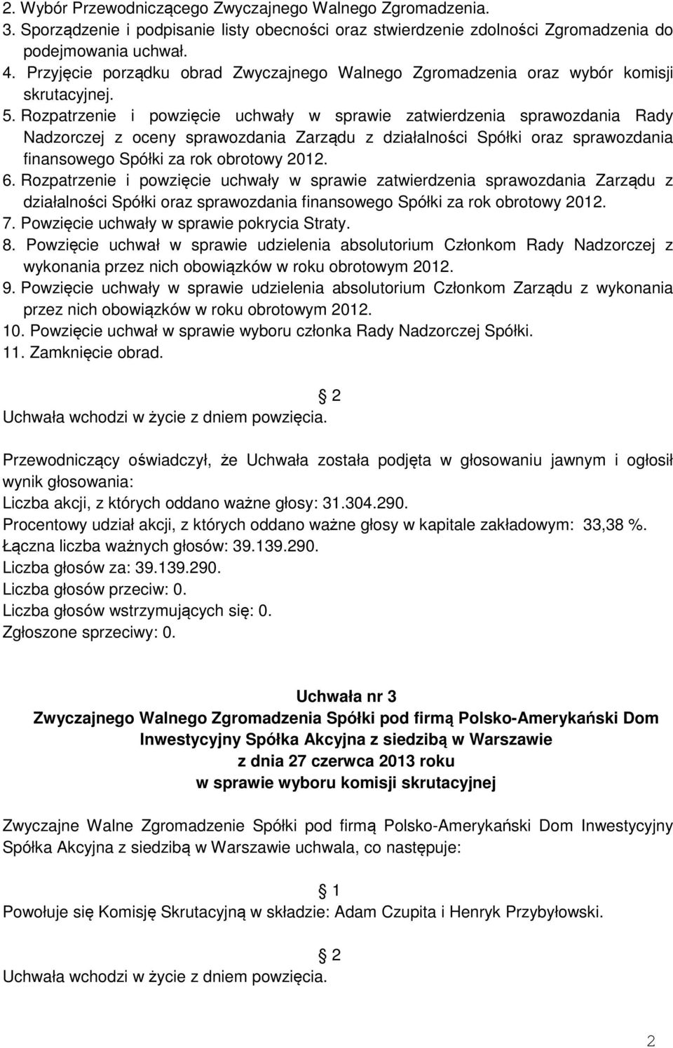 Rozpatrzenie i powzięcie uchwały w sprawie zatwierdzenia sprawozdania Rady Nadzorczej z oceny sprawozdania Zarządu z działalności Spółki oraz sprawozdania finansowego Spółki za rok obrotowy 2012. 6.