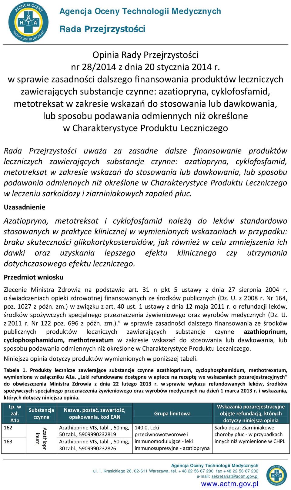 podawania odmiennych niż określone w Charakterystyce Produktu Leczniczego Rada Przejrzystości uważa za zasadne dalsze finansowanie produktów leczniczych zawierających substancje czynne: azatiopryna,