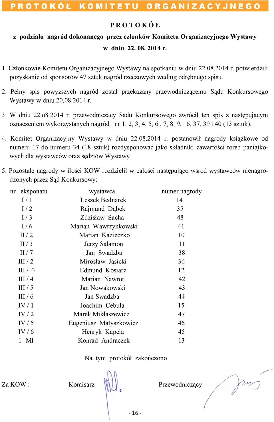 08.2014 r. 3. W dniu 22.o8.2014 r. przewodniczący Sądu Konkursowego zwrócił ten spis z następującym oznaczeniem wykorzystanych nagród : nr 1, 2, 3, 4, 5, 6, 7, 8, 9, 16, 37, 39 i 40 (13 sztuk). 4. Komitet Organizacyjny Wystawy w dniu 22.