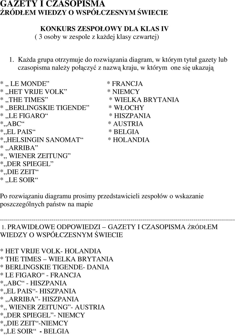 TIMES * WIELKA BRYTANIA *,,BERLINGSKIE TIGENDE * WŁOCHY *,,LE FIGARO * HISZPANIA *,,ABC * AUSTRIA *,,EL PAIS * BELGIA *,,HELSINGIN SANOMAT * HOLANDIA *,,ARRIBA *,, WIENER ZEITUNG *,,DER SPIEGEL