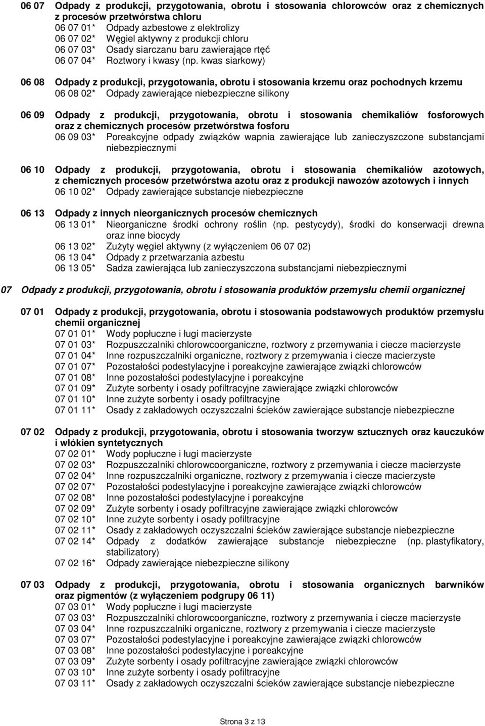 kwas siarkowy) 06 08 Odpady z produkcji, przygotowania, obrotu i stosowania krzemu oraz pochodnych krzemu 06 08 02* Odpady zawierające silikony 06 09 Odpady z produkcji, przygotowania, obrotu i