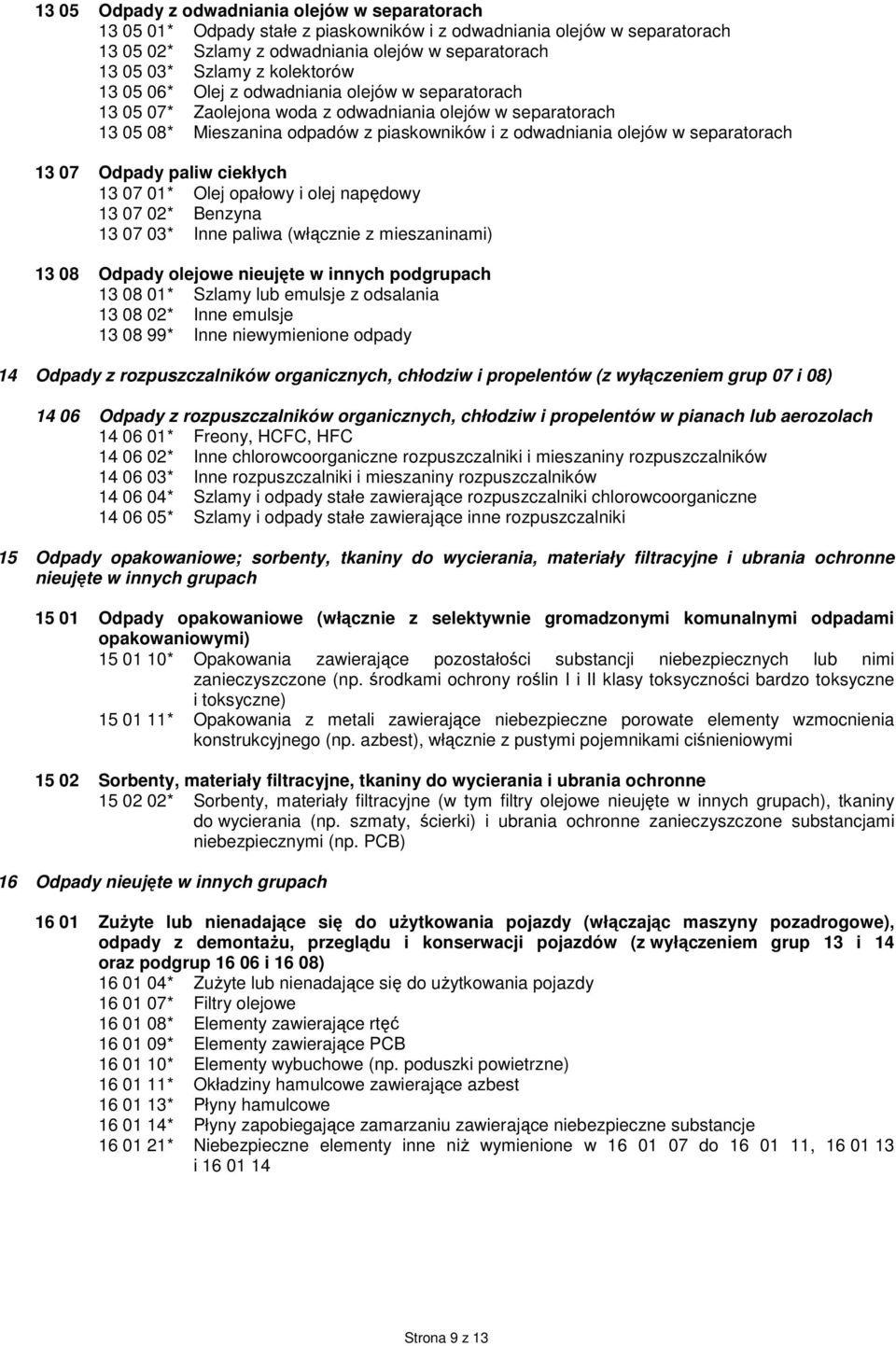 separatorach 13 07 Odpady paliw ciekłych 13 07 01* Olej opałowy i olej napędowy 13 07 02* Benzyna 13 07 03* Inne paliwa (włącznie z mieszaninami) 13 08 Odpady olejowe nieujęte w innych podgrupach 13