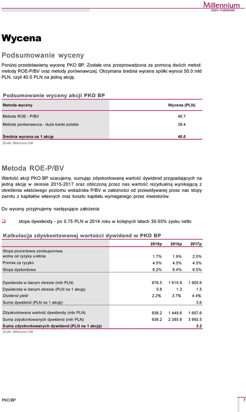 0 Metoda ROE-P/BV Wartość akcji szacujemy, sumując zdyskontowaną wartość dywidend przypadających na jedną akcję w okresie 2015-2017 oraz obliczoną przez nas wartość rezydualną wynikającą z określenia