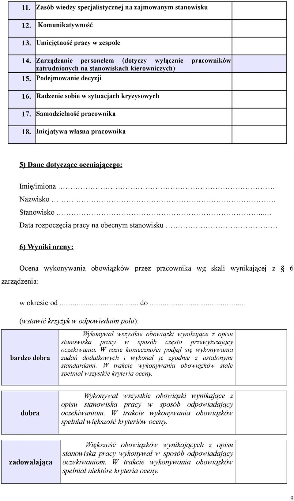 Inicjatywa własna pracownika 5) Dane dotyczące oceniającego: Imię/imiona Nazwisko Stanowisko.