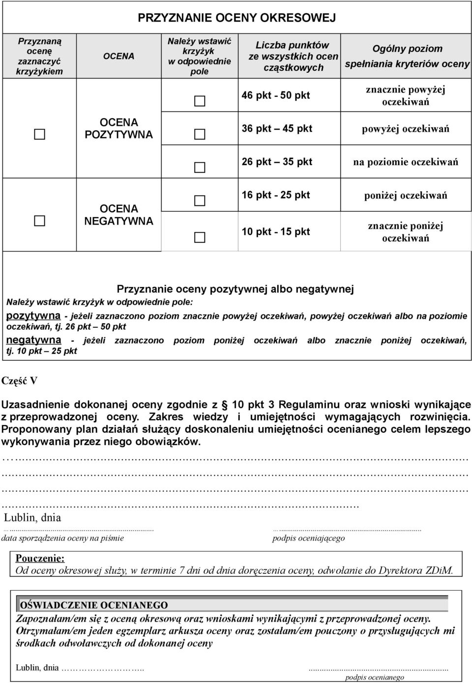 znacznie poniżej oczekiwań Przyznanie oceny pozytywnej albo negatywnej Należy wstawić krzyżyk w odpowiednie pole: pozytywna - jeżeli zaznaczono poziom znacznie powyżej oczekiwań, powyżej oczekiwań