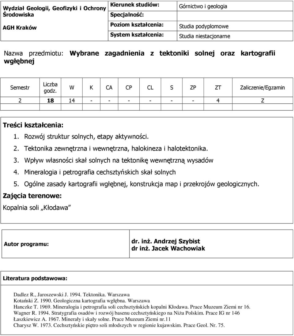 Mineralogia i petrografia cechsztyńskich skał solnych 5. Ogólne zasady kartografii wgłębnej, konstrukcja map i przekrojów geologicznych. Zajęcia terenowe: Kopalnia soli Kłodawa dr. inŝ.