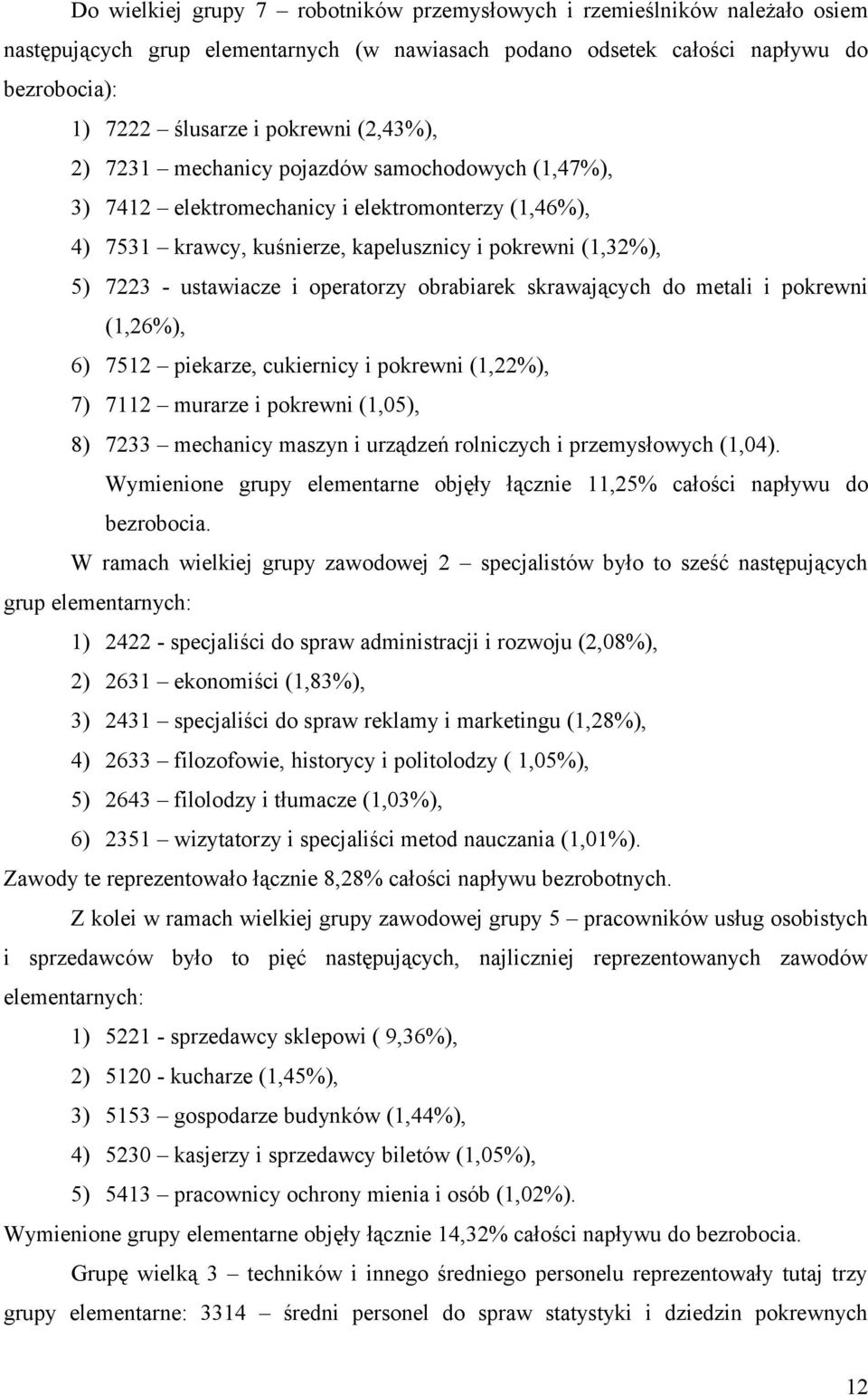 skrawających do metali i (1,26%), 6) 7512 piekarze, cukiernicy i (1,22%), 7) 7112 murarze i (1,05), 8) 7233 mechanicy maszyn i urządzeń rolniczych i przemysłowych (1,04).