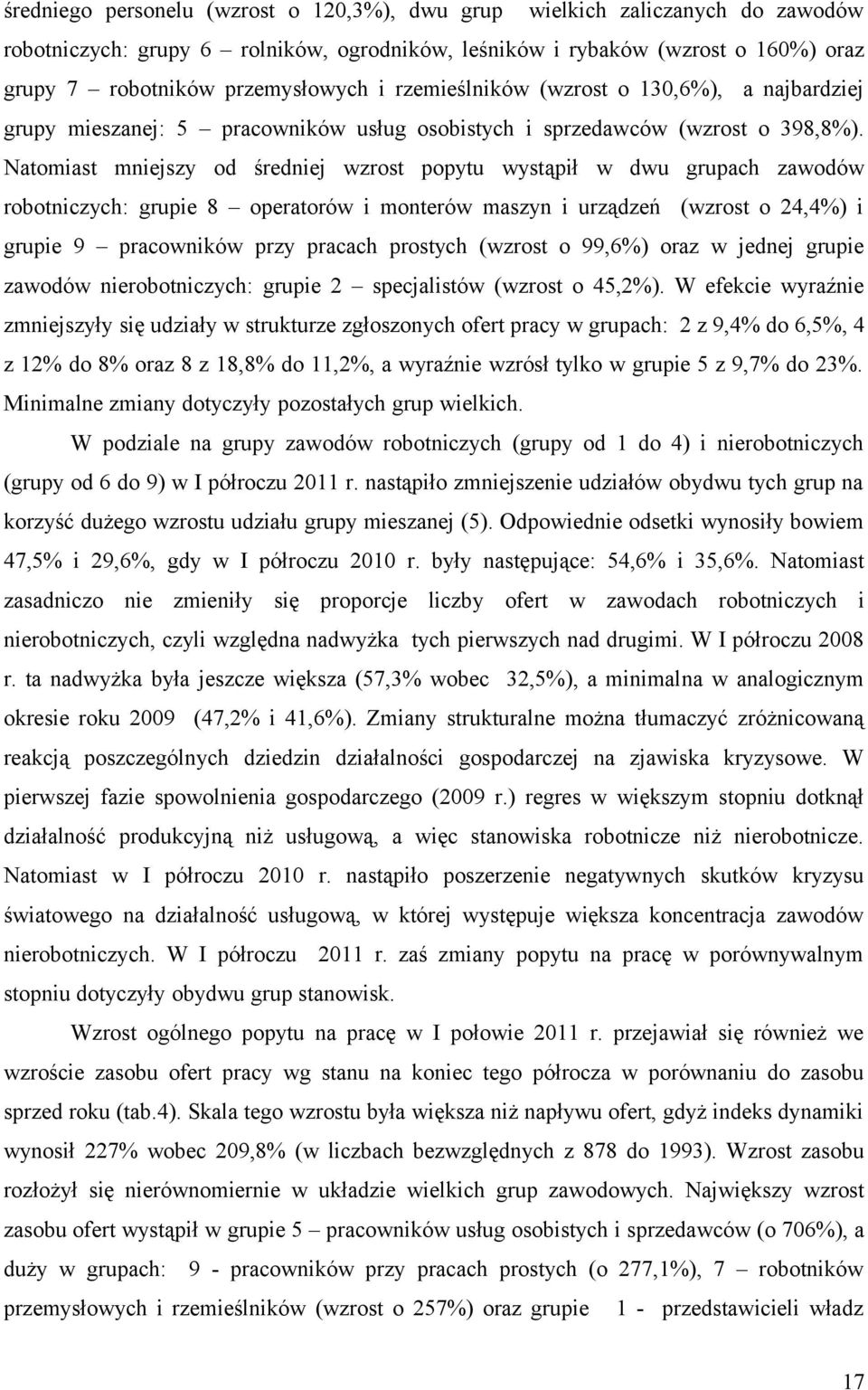 Natomiast mniejszy od średniej wzrost popytu wystąpił w dwu grupach zawodów robotniczych: grupie 8 operatorów i monterów maszyn i urządzeń (wzrost o 24,4%) i grupie 9 pracowników przy pracach