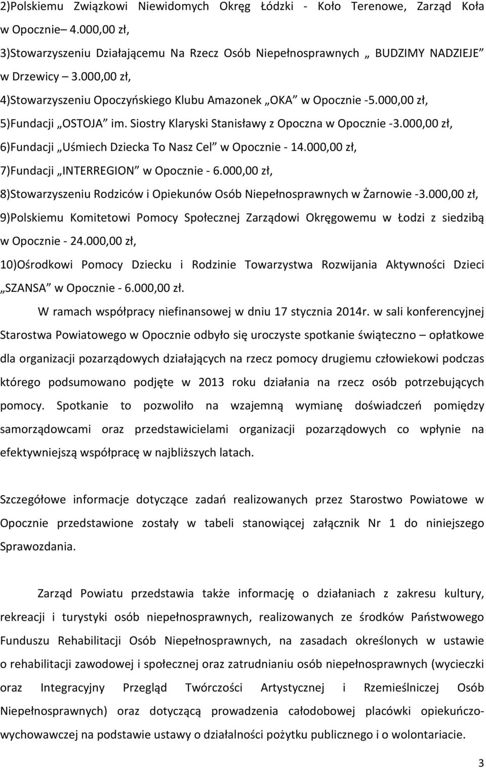 000,00 zł, 6)Fundacji Uśmiech Dziecka To Nasz Cel w Opocznie - 14.000,00 zł, 7)Fundacji INTERREGION w Opocznie - 6.000,00 zł, 8)Stowarzyszeniu Rodziców i Opiekunów Osób w Żarnowie -3.